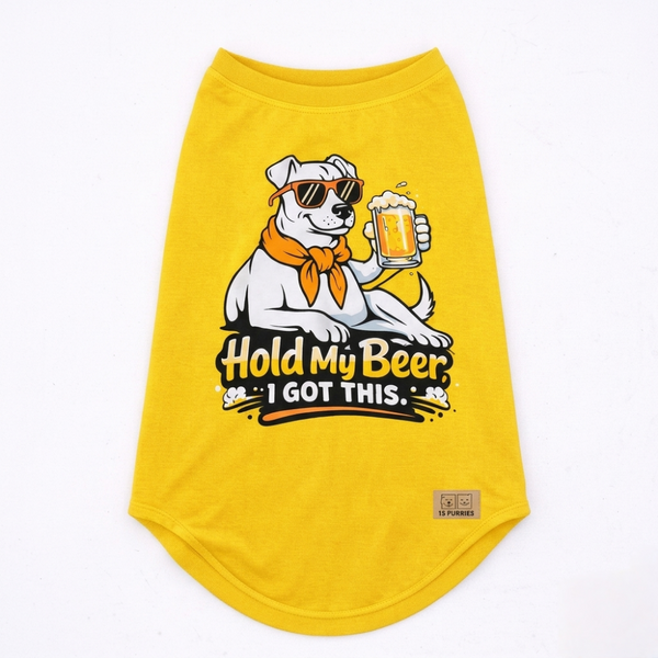 15 Furries Hold My Beer Sleeveless Cotton T shirt for Dogs (Yellow)
