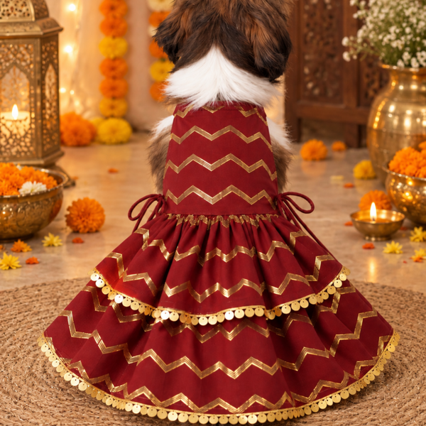 15 Furries Zari Gold Lehenga for Dogs & Cats (Maroon Red)