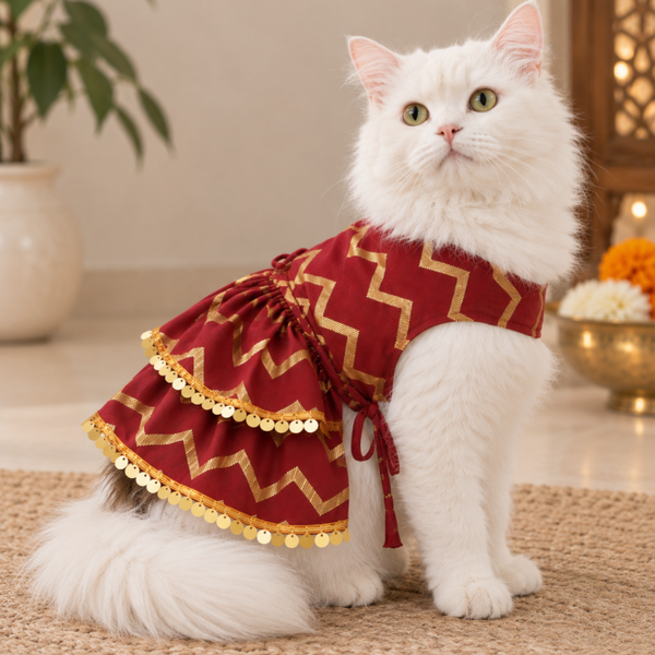 15 Furries Zari Gold Lehenga for Dogs & Cats (Maroon Red)