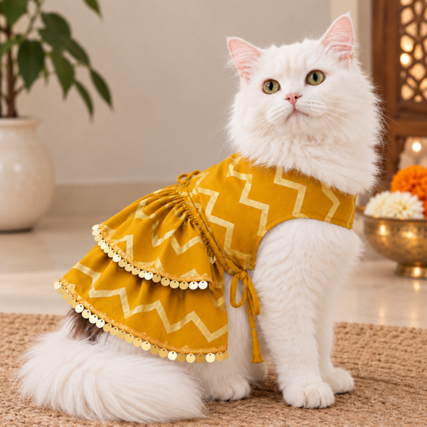 15 Furries Zari Gold Lehenga for Dogs & Cats (Mustard Yellow)