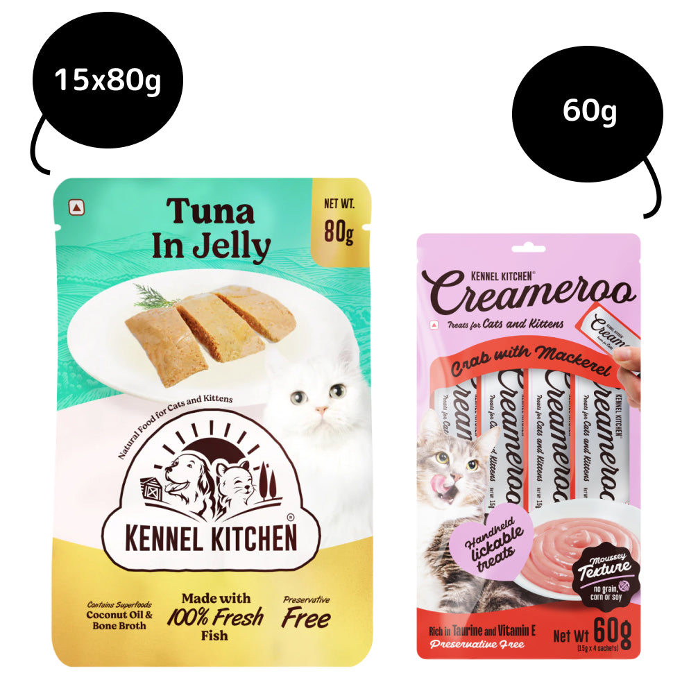 Kennel Kitchen Tuna in Jelly Kitten & Adult Cat Wet Food (All Life Stage) and Creameroo Crab with Mackerel Creamy Cat Treats Combo Exclusive Combo Kennel Kitchen 15x80g + 60g