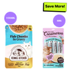 Kennel Kitchen Fish Chunks in Gravy Kitten and Creameroo Chicken with Mackerel Creamy Cat Treats Combo Exclusive Combo Kennel Kitchen 15x80g + 60g