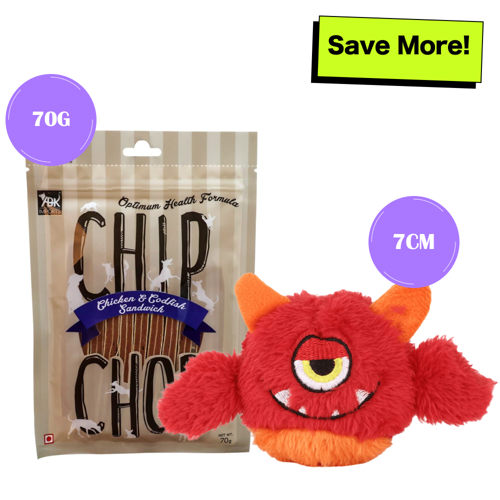 Chip Chops Chicken & Codfish Sandwich Treats with Basil Red Plush Monster Toy Combo for Dogs Exclusive Combo Exclusive Combo 70g+7cm