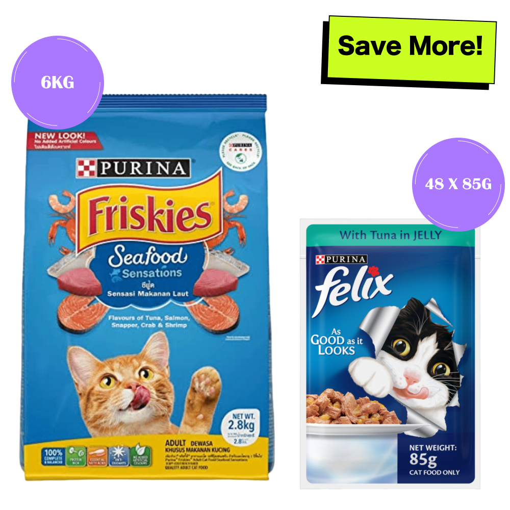 Friskies Seafood Cat Dry Food and Purina Felix Tuna with Jelly Adult Cat Wet Food Combo