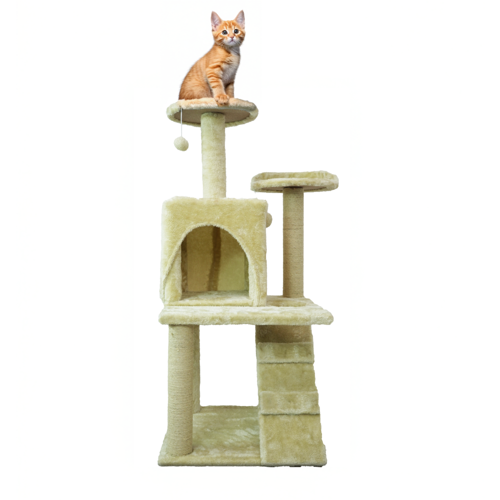 Skatrs Kitty Kastle Multi Level Cat Tree with Condo, Scratching Post, Platform and Ladder Toy (Beige)