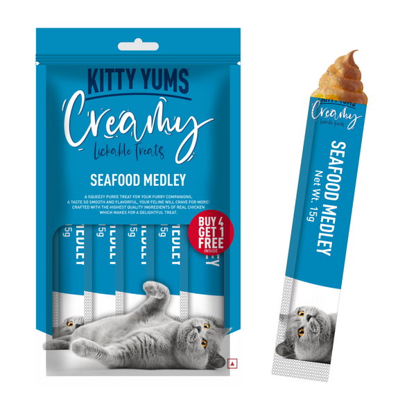 Kitty Yums Seafood Medley, Tuna & Bonito and Salmon & Skipjack Creamy Cat Treats Combo