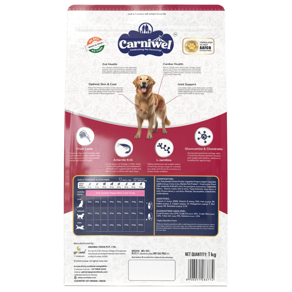 Carniwel Fresh Lamb Large Breed Dry Food and Pedigree Chicken and Liver Chunks in Gravy Adult Dog Wet Food Combo Exclusive Combo Exclusive Combo