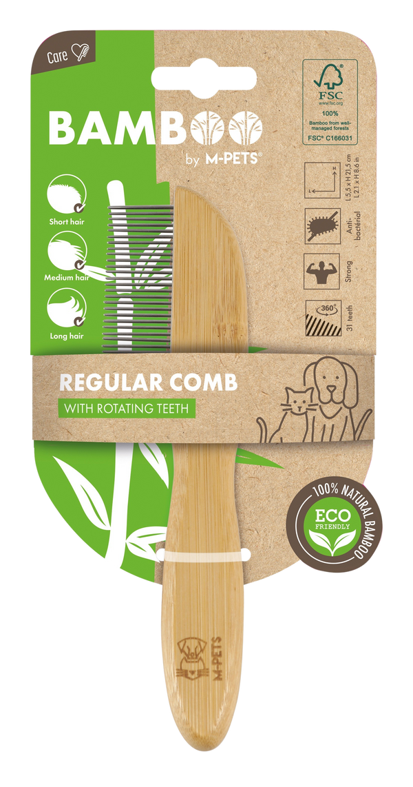 M PETS Bamboo Regular Comb With Rotating Teeth for Dogs and Cats (Brown)