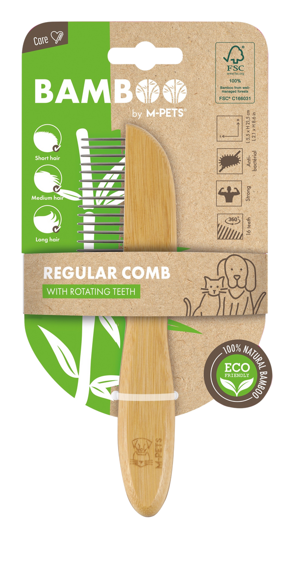 M PETS Bamboo Regular Comb With Rotating Teeth for Dogs and Cats (Brown)