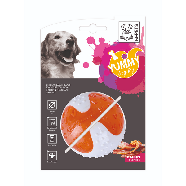 M Pets Yummy Bacon Scented Ball Toy for Dogs (White/Orange)