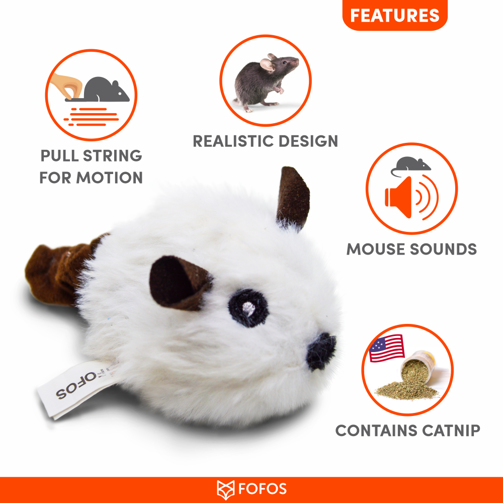 Fofos Pull String & Sound Chip Mouse Shaped Electronic Toy for Cats (White)
