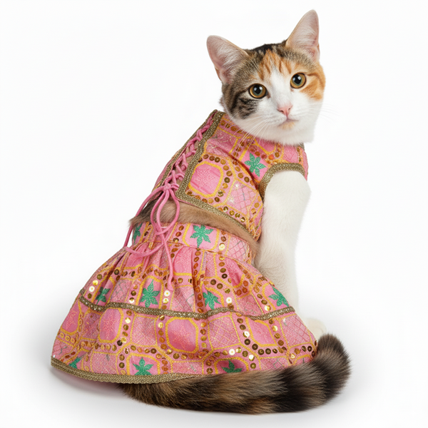 Pawsindia Traditional Desi Diva Lehenga Choli Set for Cats (Pink)
