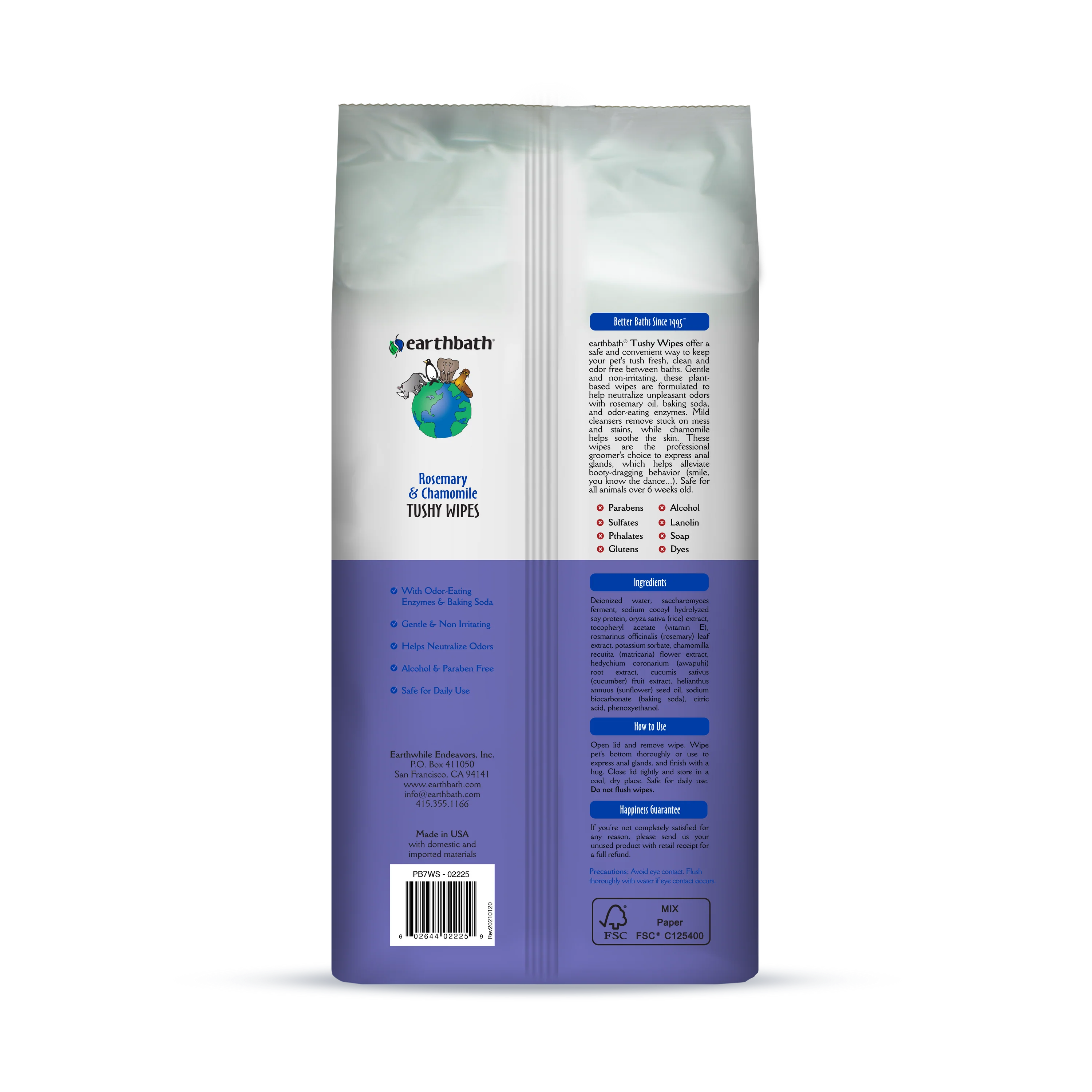 EarthBath Rosemary and Chamomile Scented Tushy Wipes for Dogs and Cats Both-Grooming Supplies EarthBath