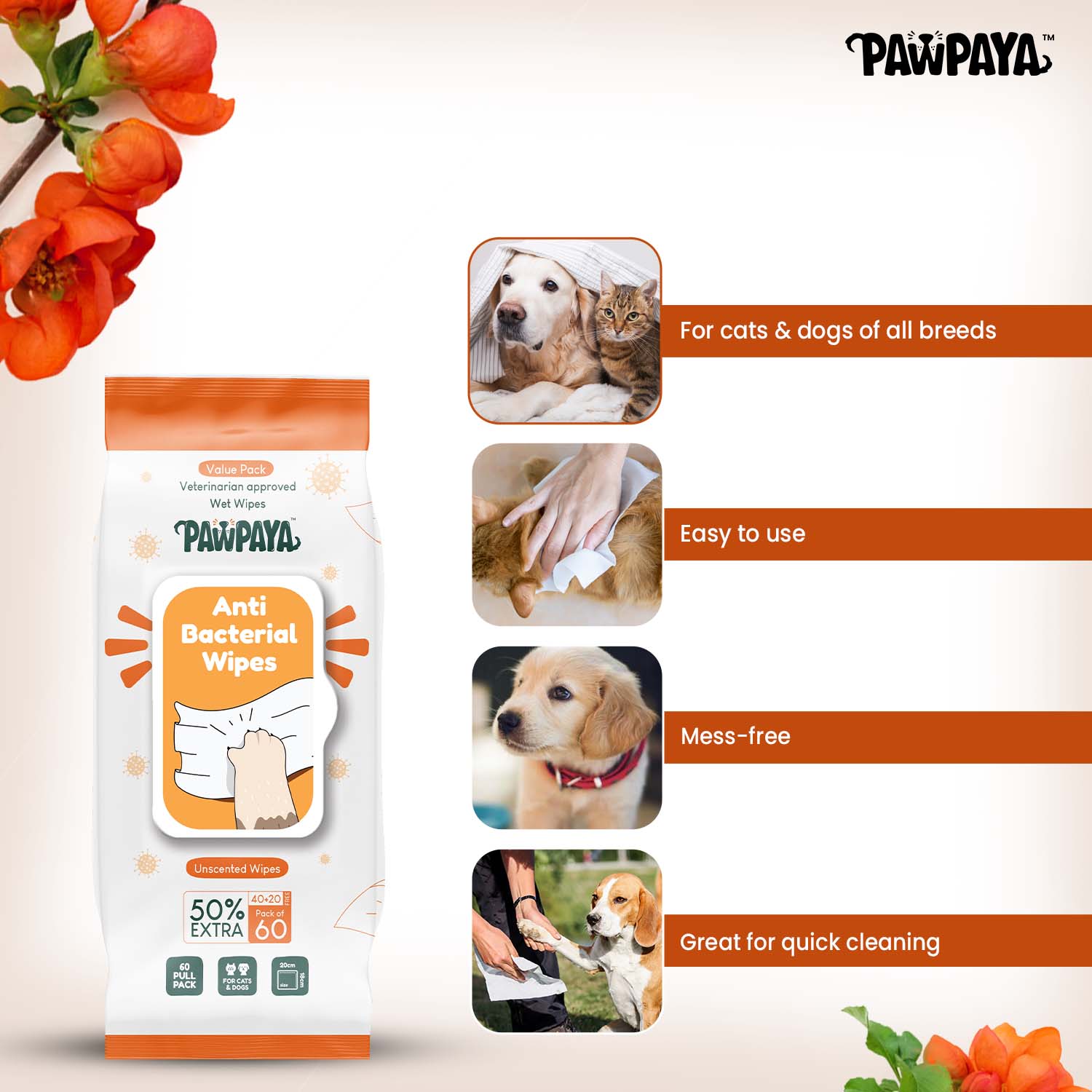 Pawpaya Antibacterial wipes for Dogs and Cats Both-Grooming Supplies Pawpaya
