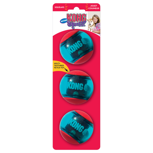 Kong Squeezz Action Ball 3pk Toy for Dogs (Red & Blue)