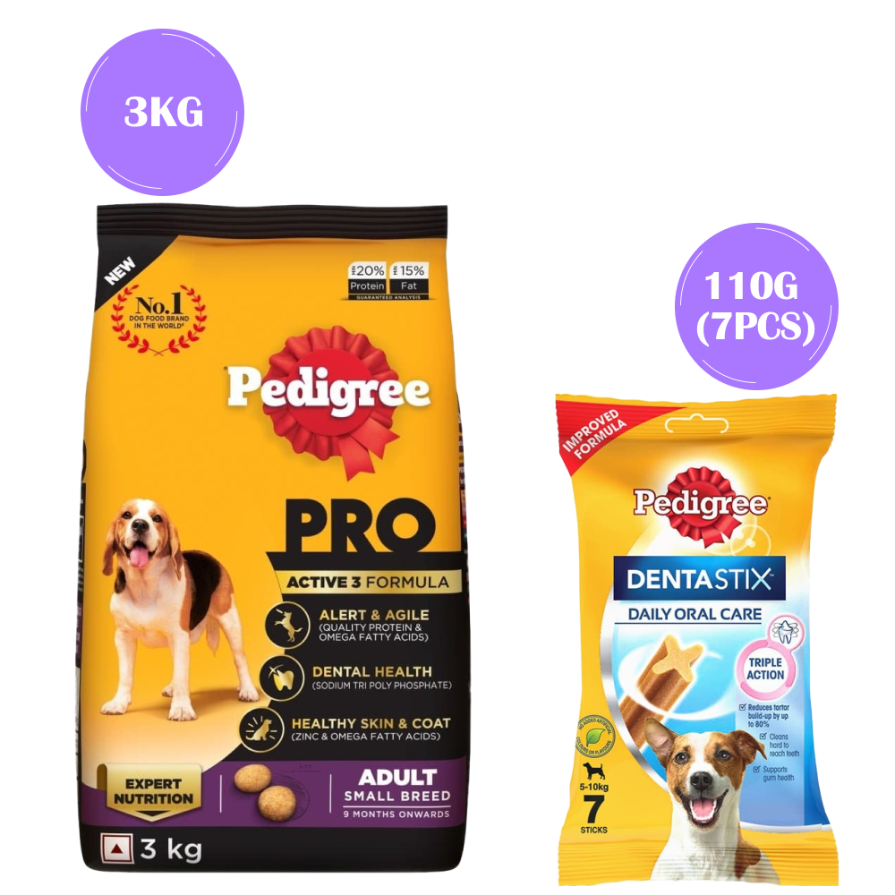 Pedigree PRO Expert Nutrition Adult Dry Food for Small Breed and Pedigree Dentastix Oral Care for Adult (Small Breed of 5 to 10 kg) Treats Combo for Dogs Exclusive Combo Exclusive Combo 3kg+110g(7pcs)