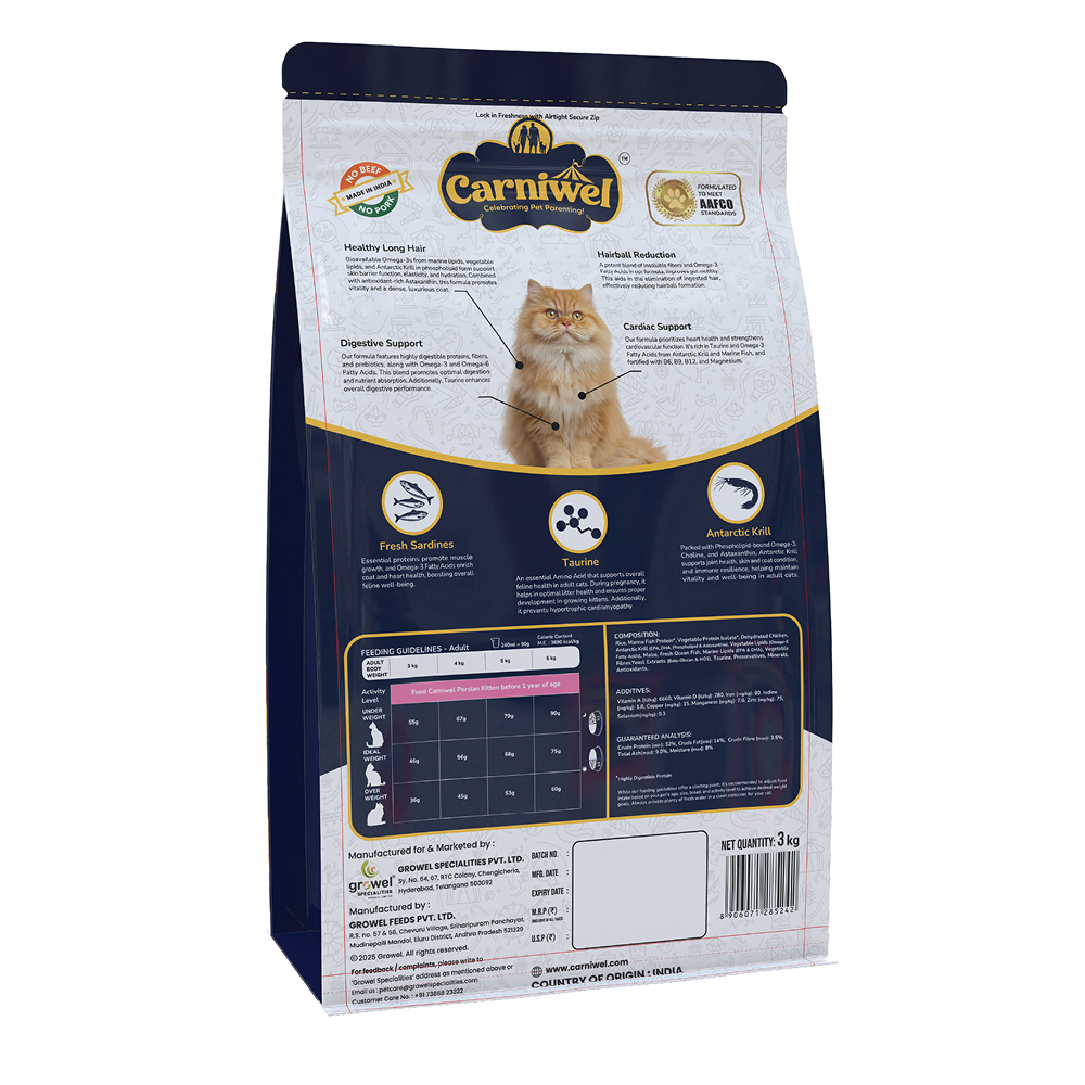 Carniwel Natural Nutrition for Skin, Digestion & Hairball Control Persian Adult Cat Dry Food Cats- Dry food Carniwel