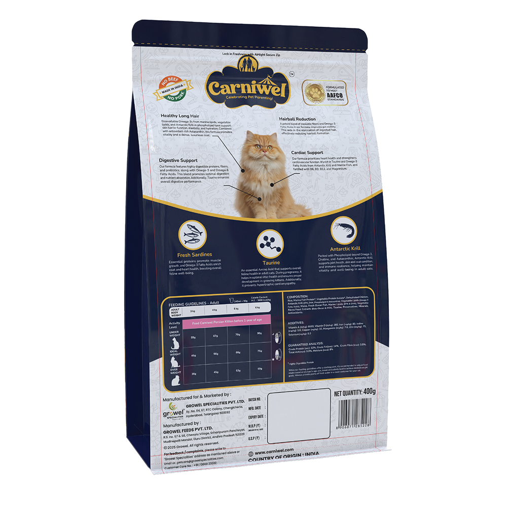 Carniwel Natural Nutrition for Skin, Digestion & Hairball Control Persian Adult Cat Dry Food Cats- Dry food Carniwel