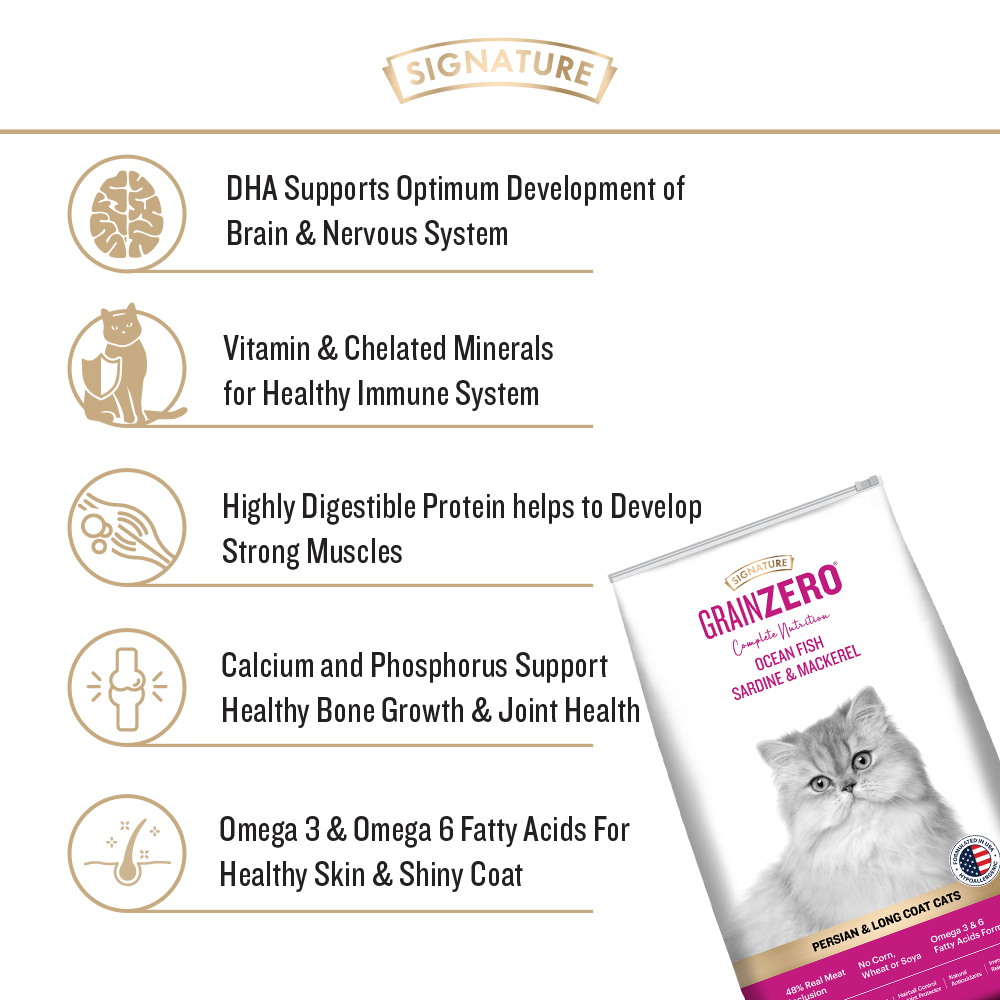 Signature Grain Zero Ocean Fish, Sardine and Mackerel Long Coat & Persian Adult Cat Dry Food