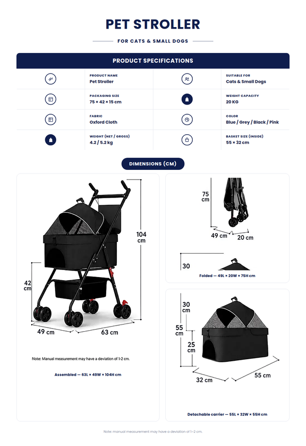 Skatrs Portable Pet Stroller for Small & Medium Dogs and Cats (Black)