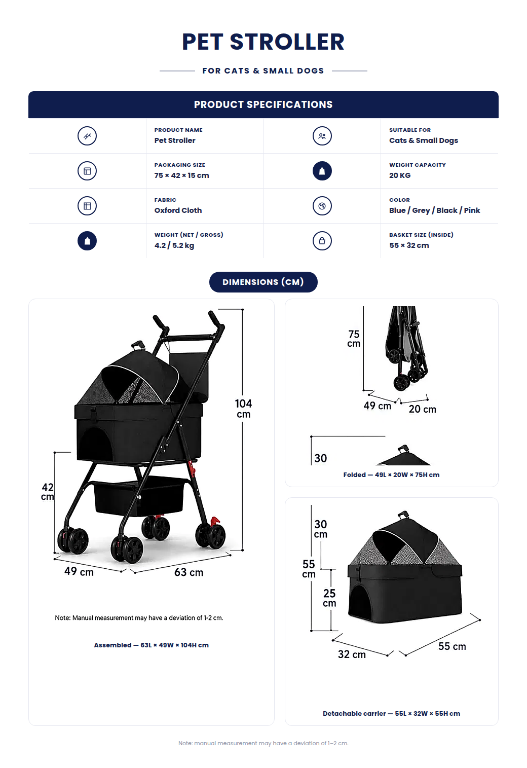 Skatrs Portable Pet Stroller for Small & Medium Dogs and Cats (Grey) Both-Bedding, Mats & Travel Supplies Skatrs
