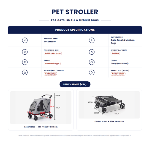 Skatrs Foldable Travel Stroller with Ventilated Mesh Windows for Large Dogs (Grey)