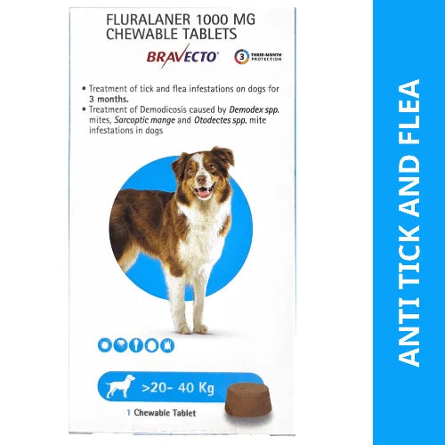 MSD Animal Health Bravecto 1000mg (Fluralaner) Dog Tick & Flea Control Tablet (20 to 40 kg) (1 tablet)