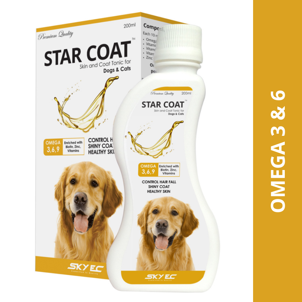 Buy Skyec Star Coat Dog Syrup Omega 3 + 6 is a multivitamin syrup that controls hair fall and provides a shiny coat for dogs.