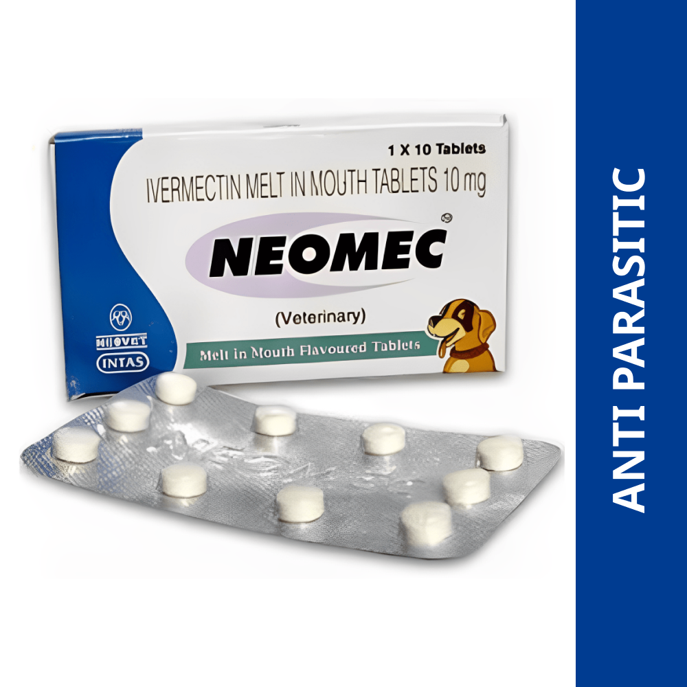 Buy Intas Neomec (Ivermectin) 10mg Tablets for Dogs to address illnesses in dogs, cats, horses, and cattle that are brought on by roundworms, lungworms, mites, lice, and ticks. It can also be used to shield dogs from heartworm infection.