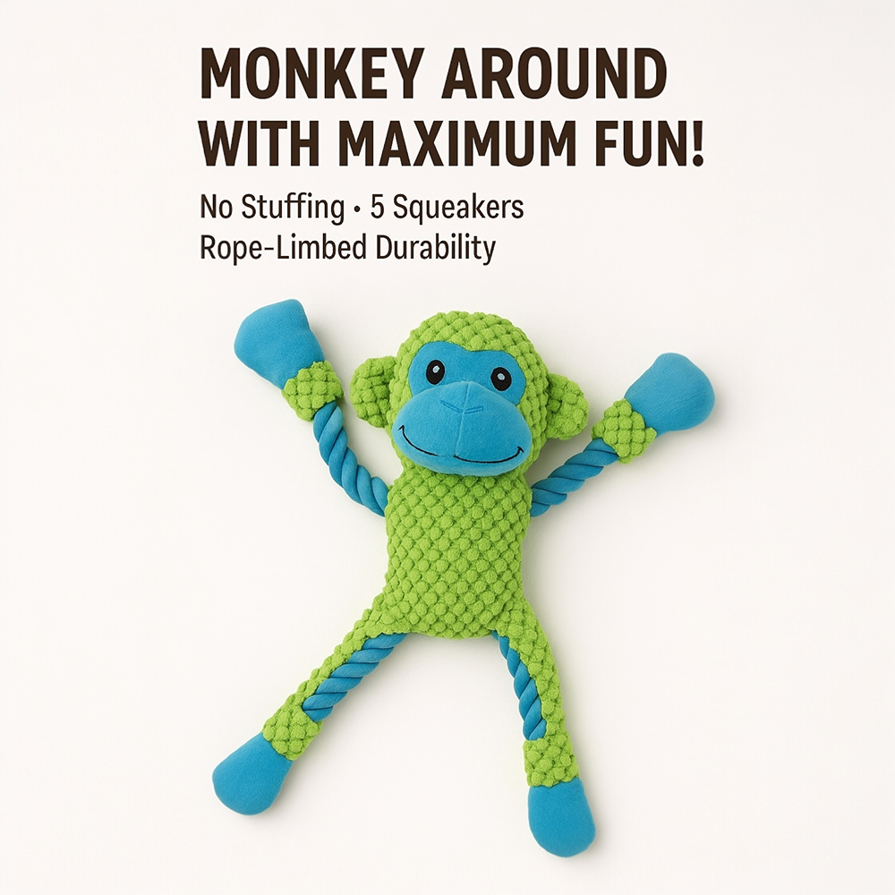Talking Dog Club Monkey on Ropes with Multiple Squeaker Toy for Dogs (Green) Dogs-Toys Talking Dog Club Dropship