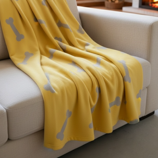 Talking Dog Club Bone Print Viscose Blanket for Dogs (Yellow and Grey Bone)