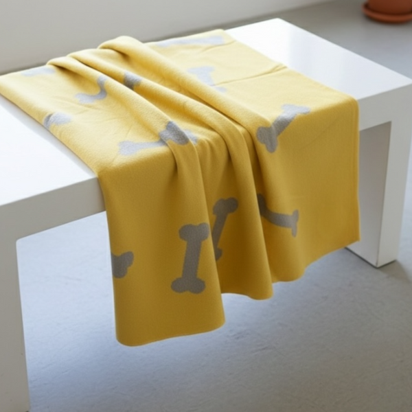Talking Dog Club Bone Print Viscose Blanket for Dogs (Yellow and Grey Bone)