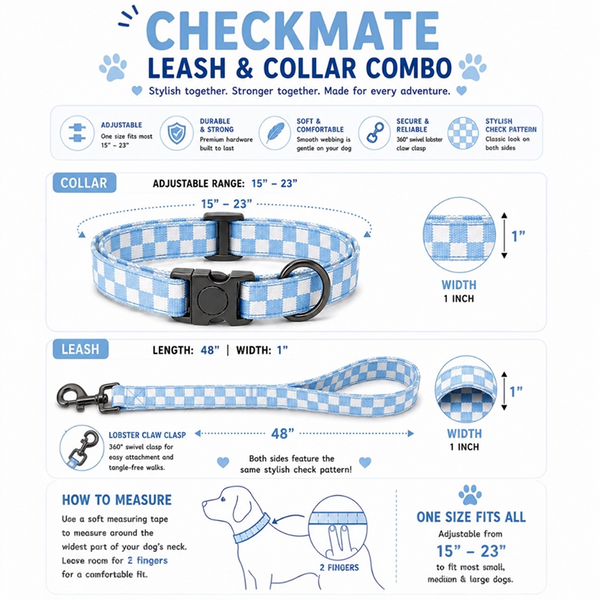 Talking Dog Club Checkmate Leash and Collar Combo (Blue)
