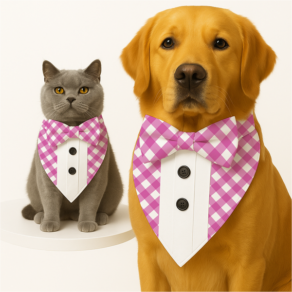 PawsIndia Pink Checks Pattern Tuxedo Bandana with Matching Bow for Dogs and Cats