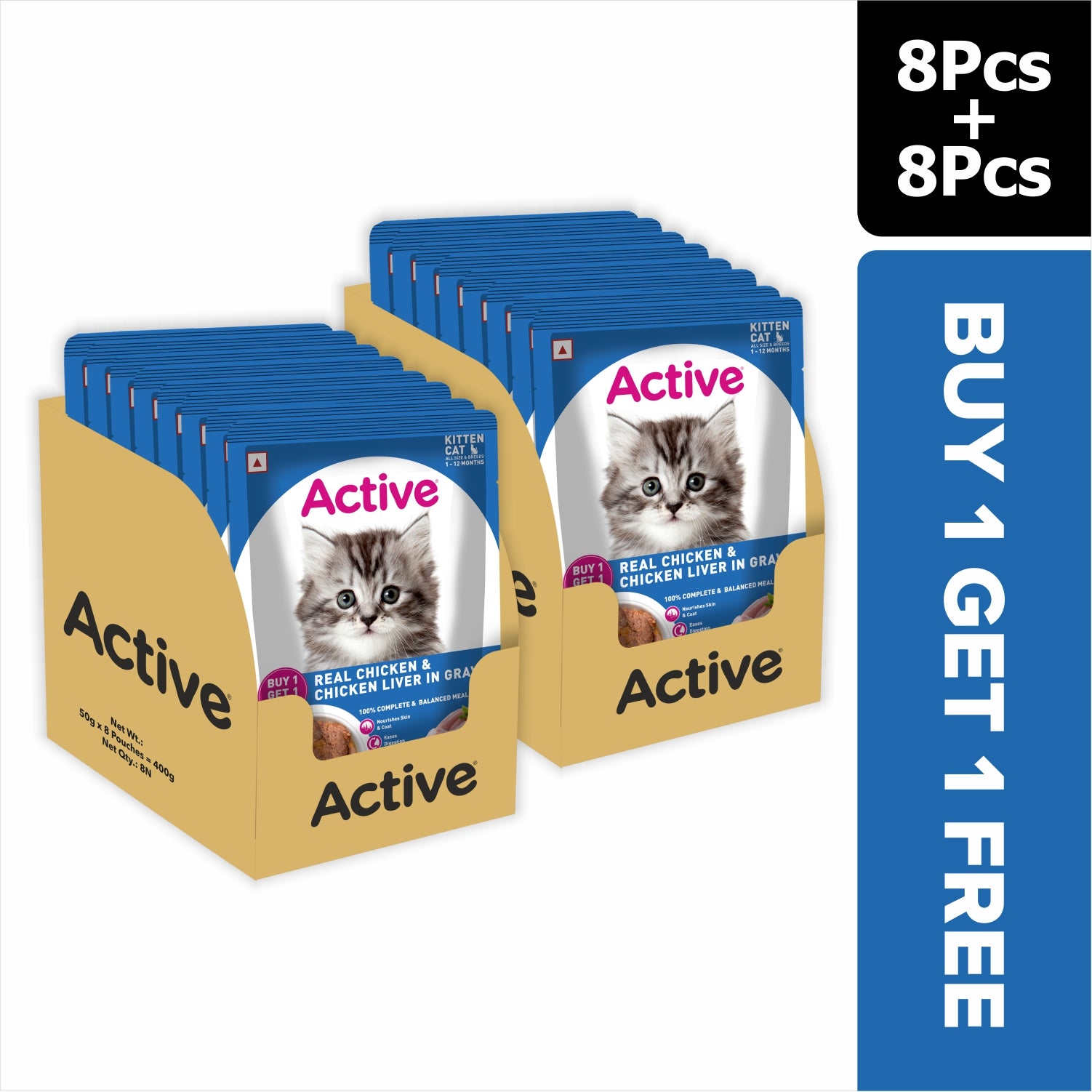 Active Real Chicken & Chicken Liver in Gravy Kitten Cat Wet Food ( Buy 1 Get 1) Cats-Wet Food Active 8x50g+8x50g