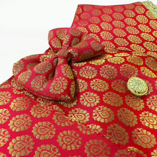 PawsIndia Traditional Royal Brocade Tuxedo for Dogs and Cats (Red)