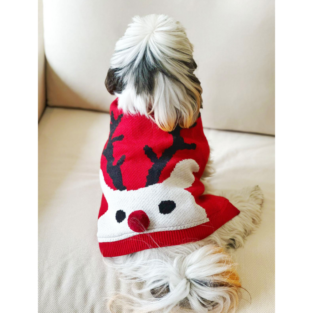 Dogobow Reindeer Knit Sweater for Dogs and Cats (Red/White) (Get a Bow Free)