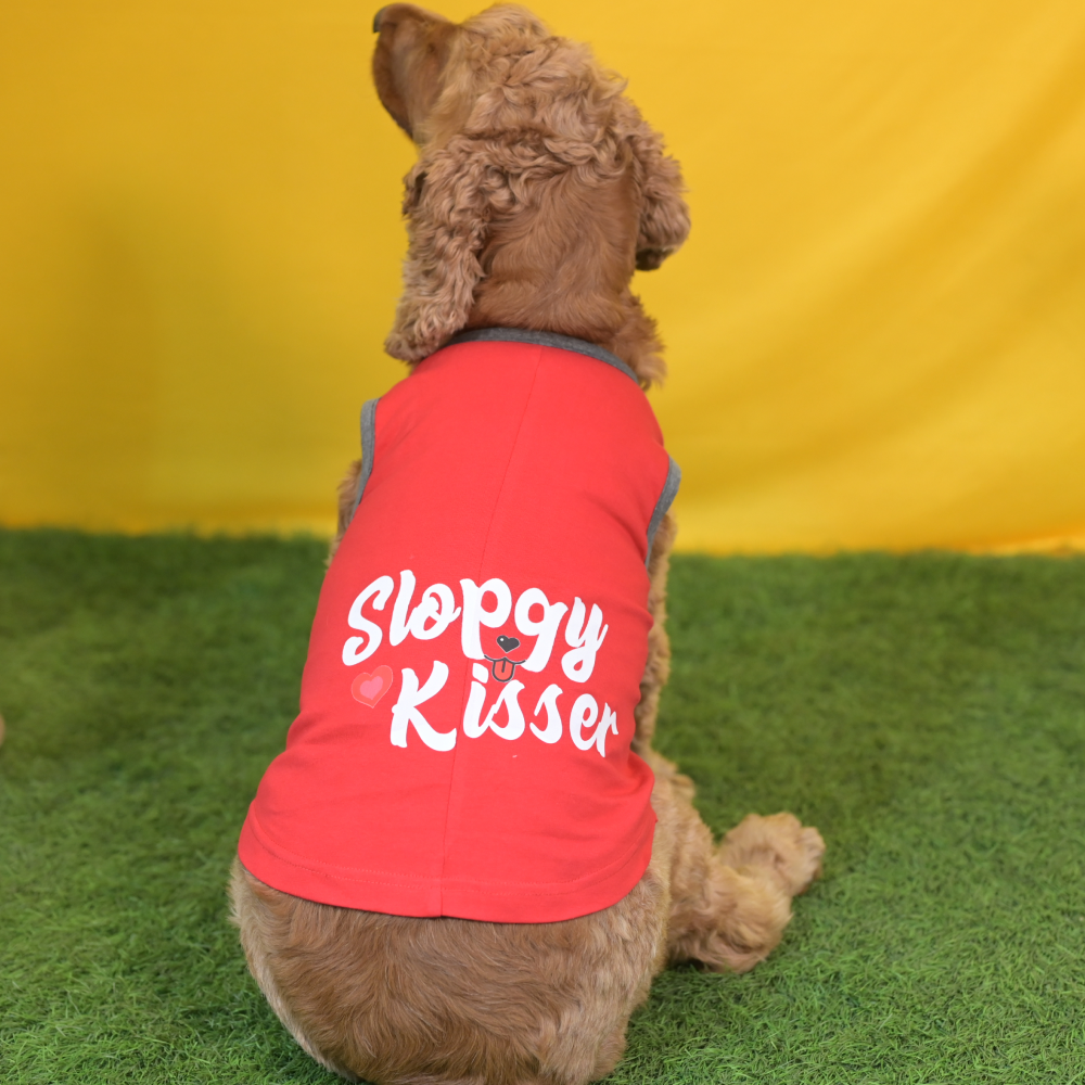 Skatrs Sloppy Kisser Printed Cotton T Shirt for Dogs and Cats (Red)