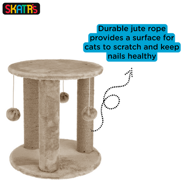 Skatrs Whisker Wonderland Circular Three Scratching Post with Hanging Pom Pom Cat Tree Toy (Beige)