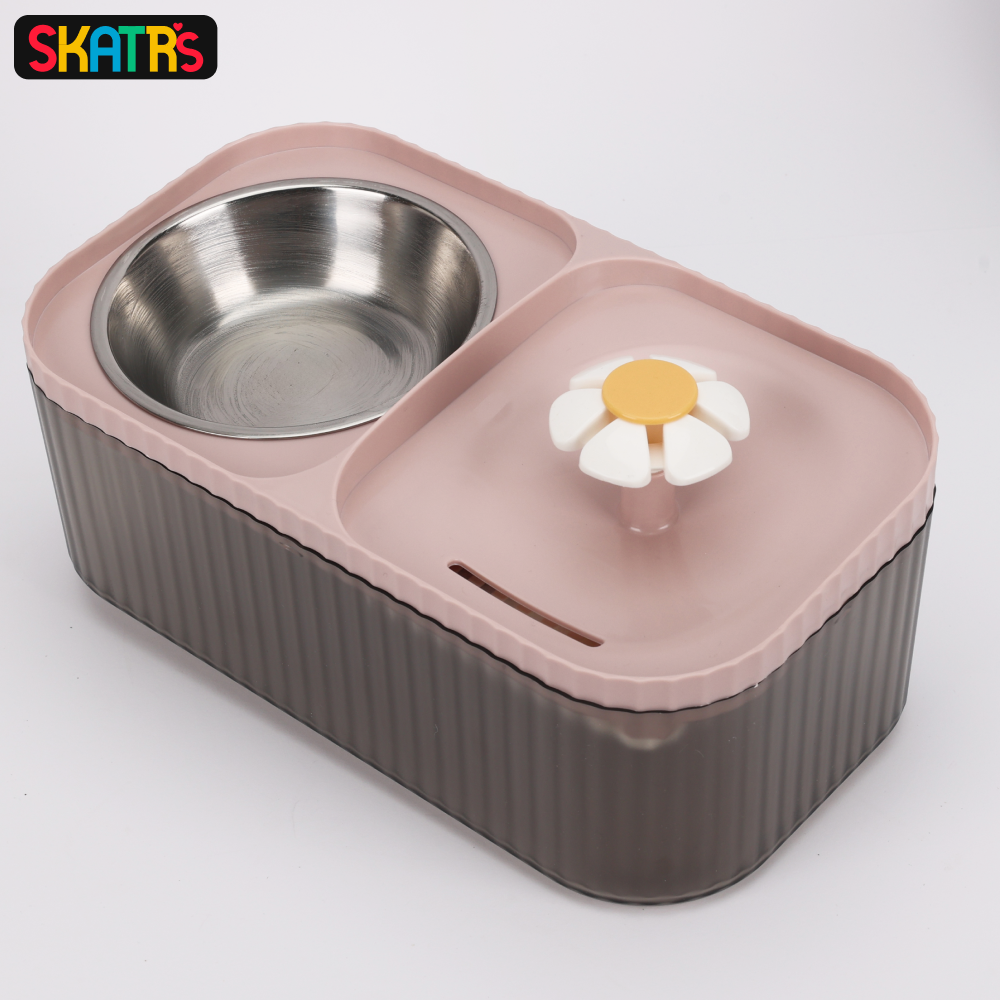 Skatrs Water Fountain with Food Bowl & Adapter for Dogs and Cats (Pink/Grey) Both-Bowls & Feeders Skatrs 2L