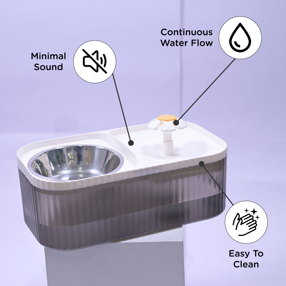 SKATRS Water Fountain with Food Bowl & Adapter for Dogs and Cats (Grey/White)
