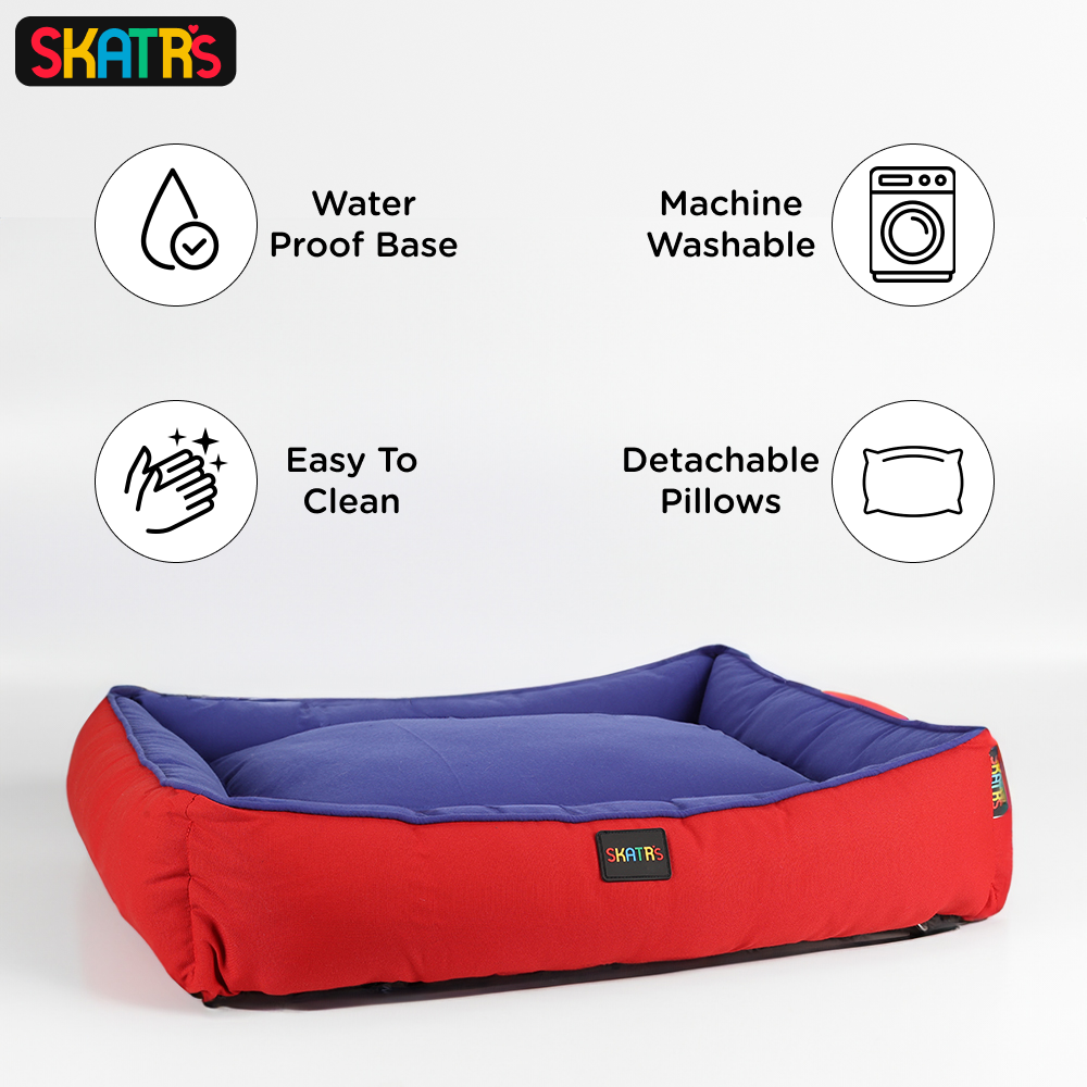 SKATRS Square Shaped Bed for Dogs & Cats (Red & Blue)