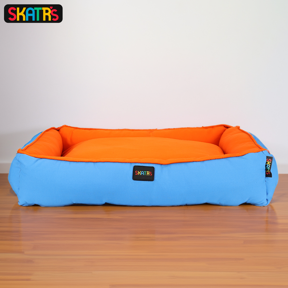 Skatrs Square Shaped Bed for Dogs & Cats (Orange & Blue) Both-Bedding, Mats & Travel Supplies Skatrs