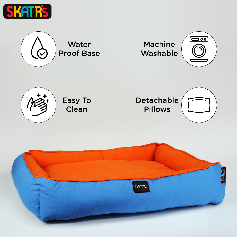 Skatrs Square Shaped Bed for Dogs & Cats (Orange & Blue) Both-Bedding, Mats & Travel Supplies Skatrs