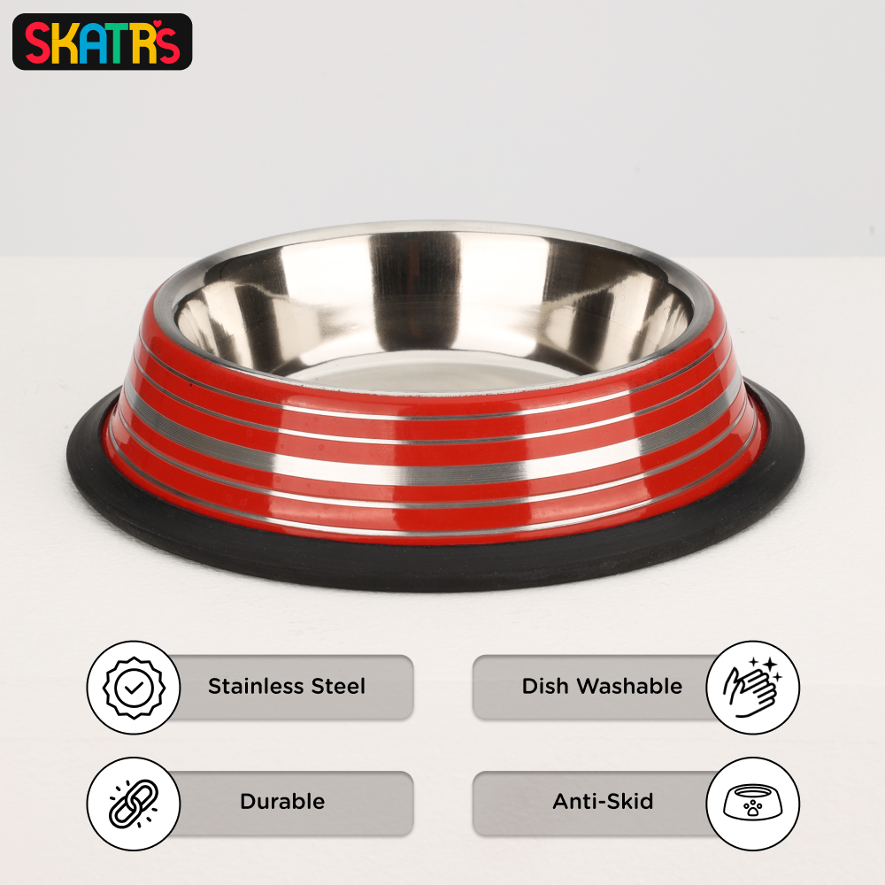 Skatrs Anti Skid Glossy Striped Bowl for Dogs and Cats (Red) Both-Bowls & Feeders Skatrs