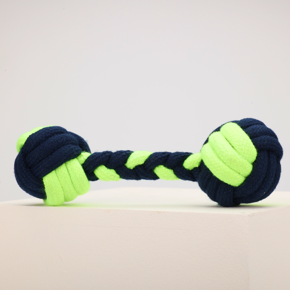 Skatrs Dumbbell Shaped Rope Chew Toy for Dogs and Cats (Neon Green/Dark Blue)
