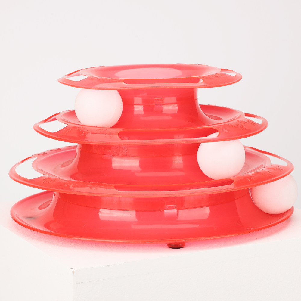 SKATRS Interactive 3 Level Tower Track with Balls Toy for Cats (Red)