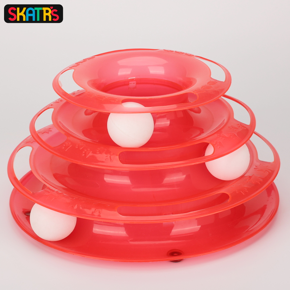 SKATRS Interactive 3 Level Tower Track with Balls Toy for Cats (Red)