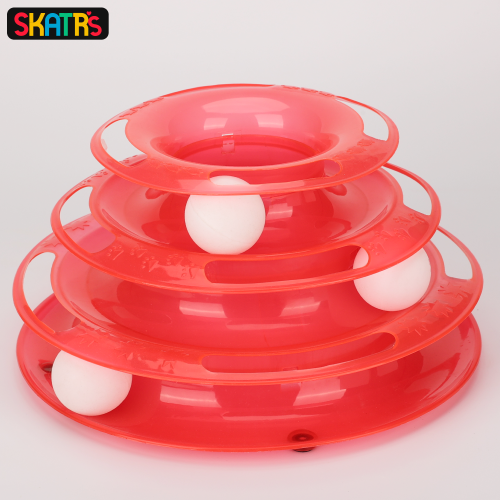 Skatrs Interactive 3 Level Tower Track with Balls Toy for Cats (Red)