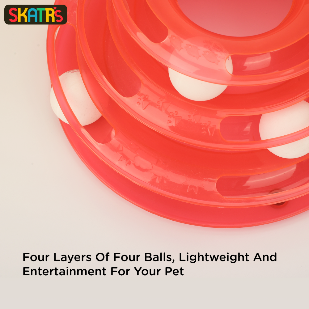SKATRS Interactive 3 Level Tower Track with Balls Toy for Cats (Red)